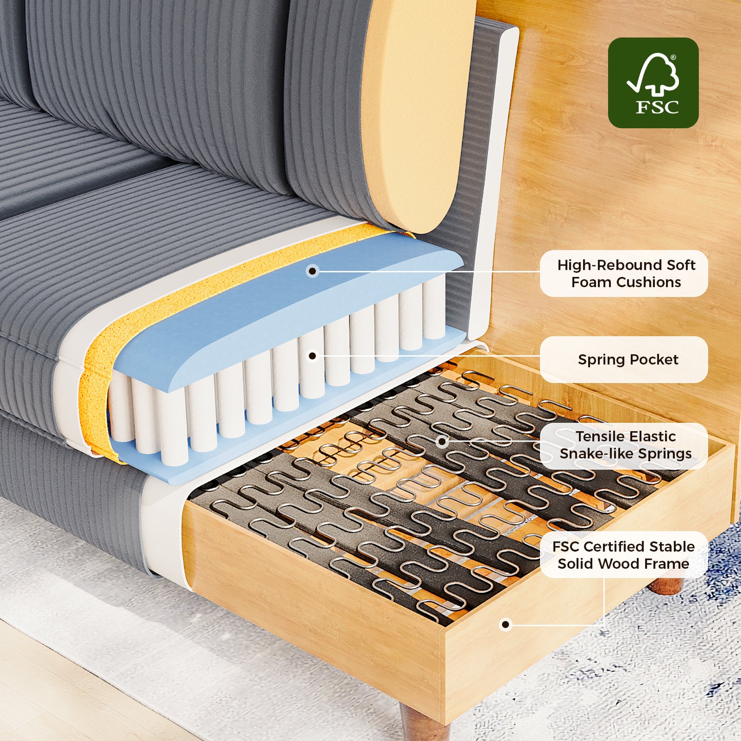 101" Corduroy Sofa,24" Extra Deep Seat Couch with Wide Storage Armchair,Comfy Upholstered Oversized Loveseat with Cup Holder,2 Pillows,Gray