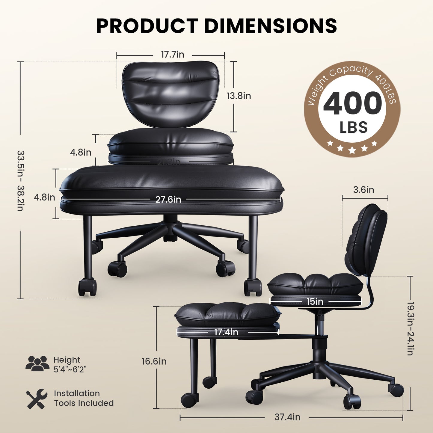 Upgraded Ergonomic Cross Legged Swivel Chair, Adjustable Height and PU Leather, Meditation Chair with Wheels, Wide Kneeling Chair with Back Support, Home and Office