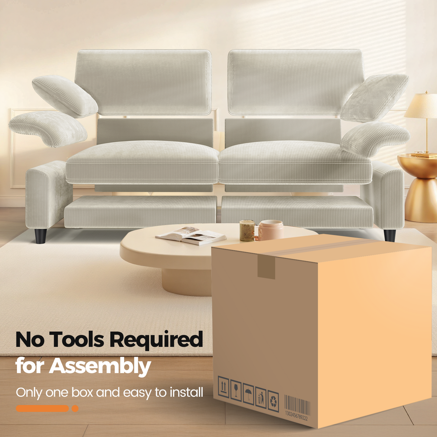 83" Corduroy Sofa,Loveseat Sofa with Extra Deep Seat Couches ,Comfy Upholstered Couch for Living Room,Tool-Free Setup with 2 Pillows,Beige