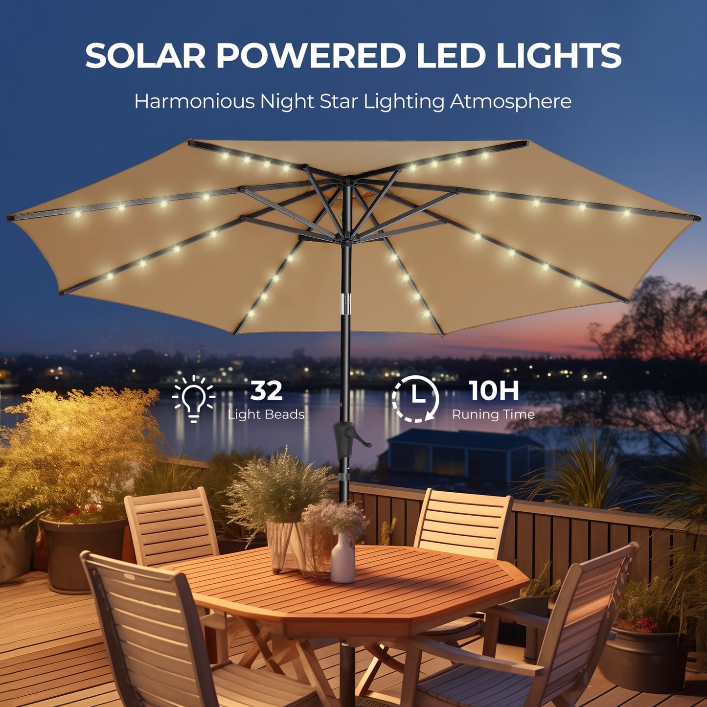 9ft Solar Polyester 32 LED Lighted Patio Umbrella with Tilt Adjustment and UV-Resistant Fabric,for Garden,Deck,Backyard,Pool and Beach