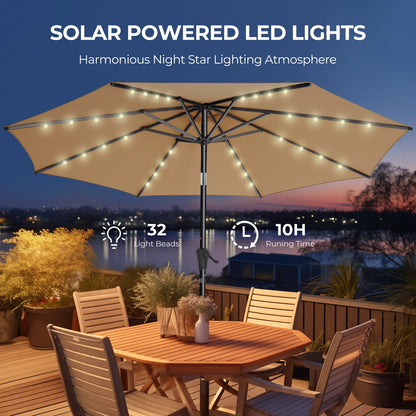 9ft Solar Polyester 32 LED Lighted Patio Umbrella with Tilt Adjustment and UV-Resistant Fabric,for Garden,Deck,Backyard,Pool and Beach