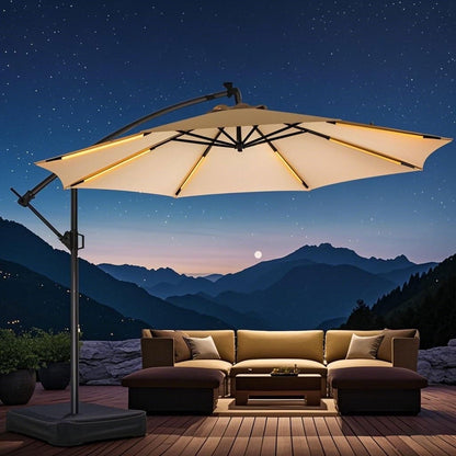 10ft Patio Umbrellas Offset，Outdoor Umbrella Cantilever Hanging Umbrellas with Infinite Tilt,Fade Resistant Waterproof Fabric & Base,for Yard,Garden,Home,Pool & Deck,Beige