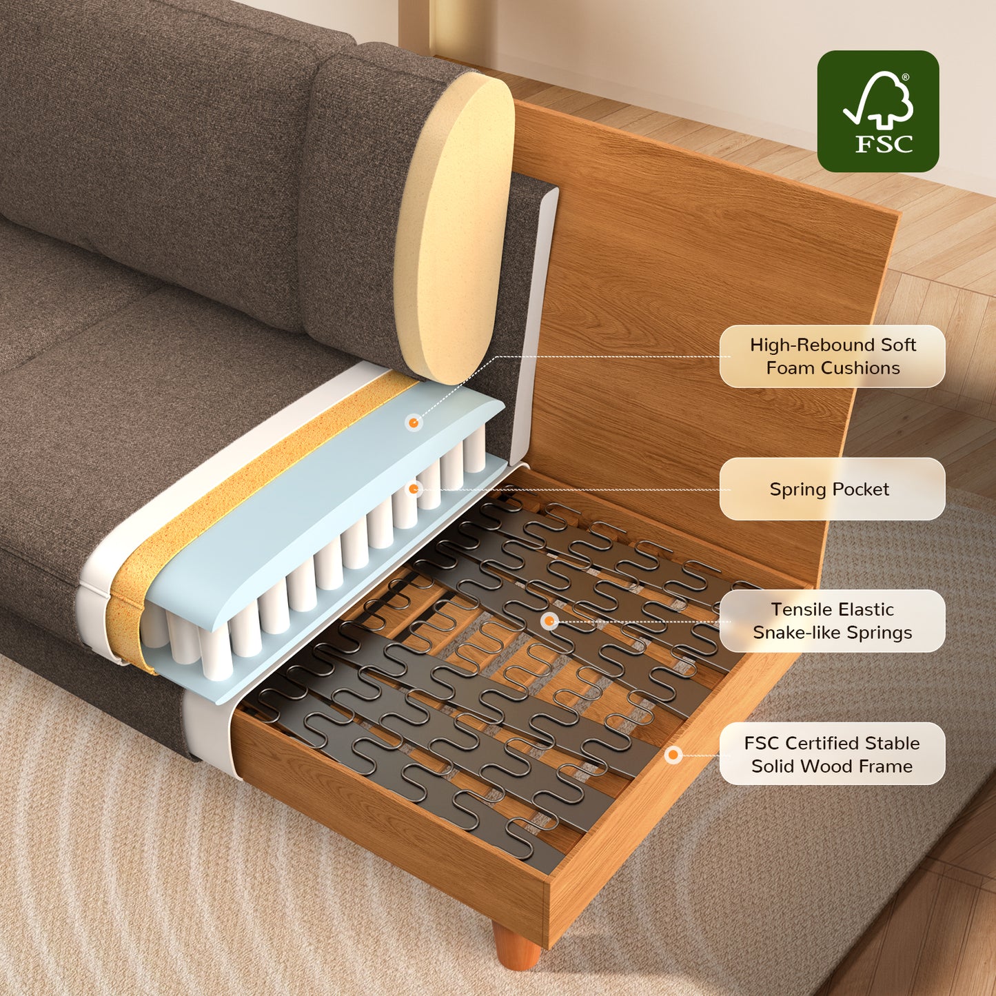 87" Sofa Couch,Soft Linen Loveseat for Living Room with Round Arms,Extra Deep Seat 2-Person Couch with 2 Pillows,Tool-Free Setup Modern Sofa,Coffee