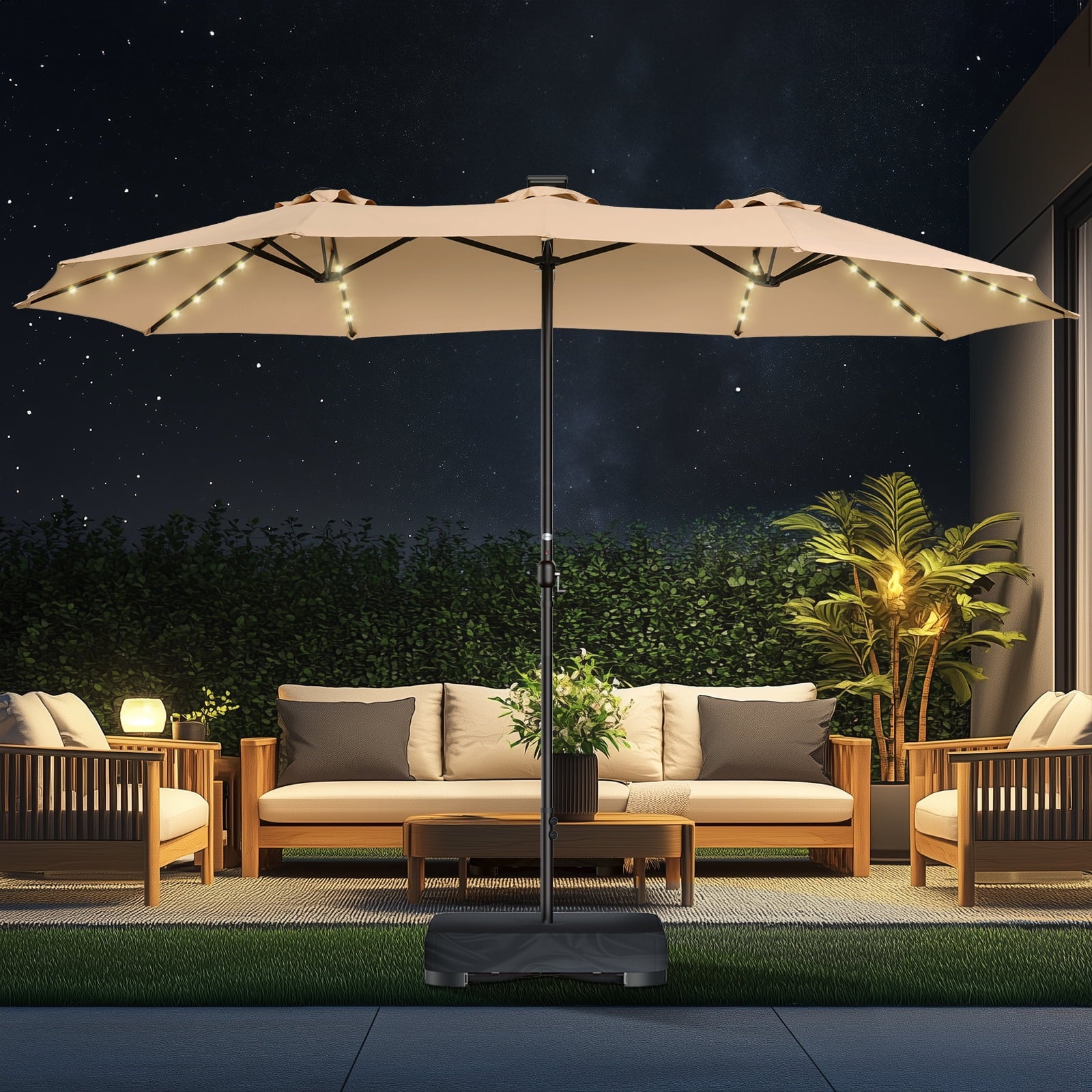 15ft Patio Umbrella with Light and Base Included, Double Sided Outdoor Large Rectangular Patio Umbrella with Crank Handle, for Lawn Garden,Home,Outdoor Activities