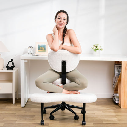 Ergonomic Cross Legged Chair, Adjustable Height and 360° Swivel Meditation Chair ,Teddy Fabric with Lumbar Support, Home and Office,Off White