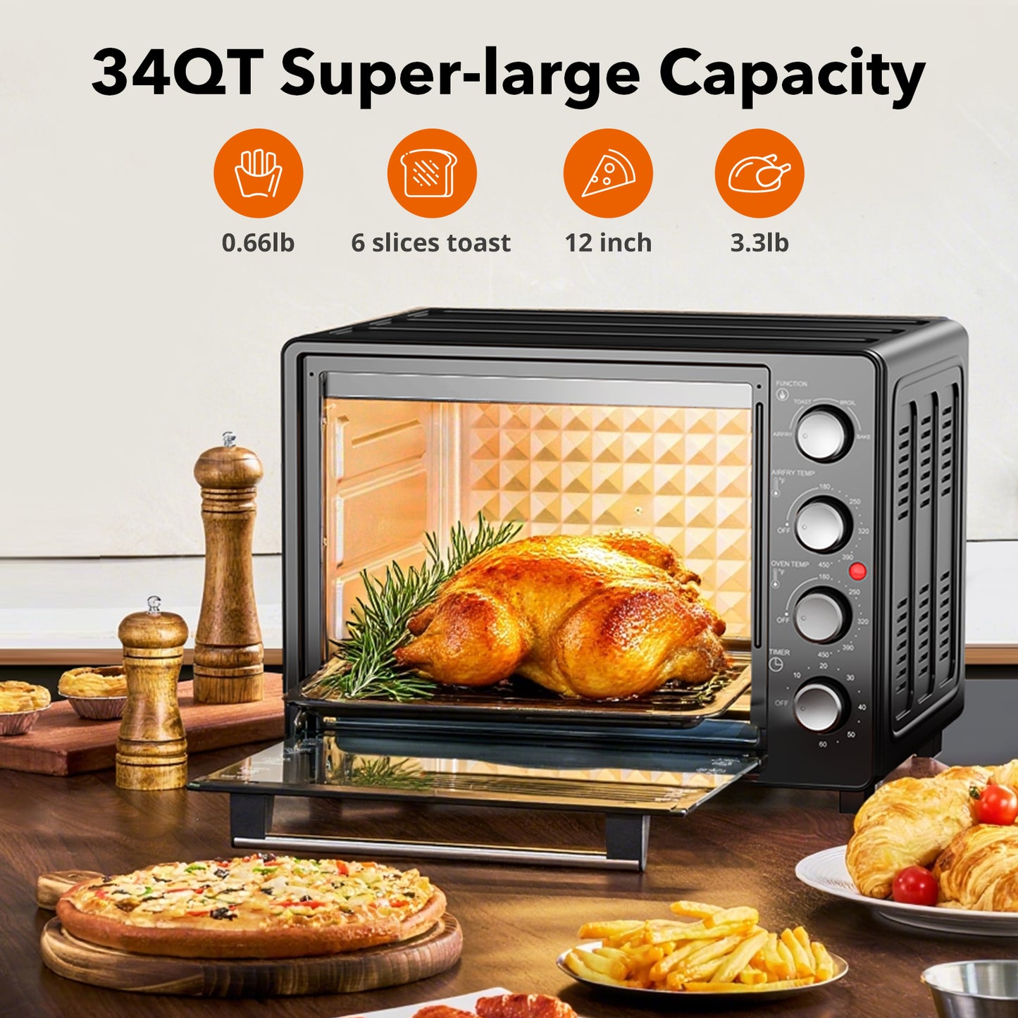 34 QT Super-Large Air Fryer, Oil-Less Air Fryer Toaster Oven Combo with Pizza, Warm, Broil, Toast, Bake, Air Fry, 5 Functions - Black