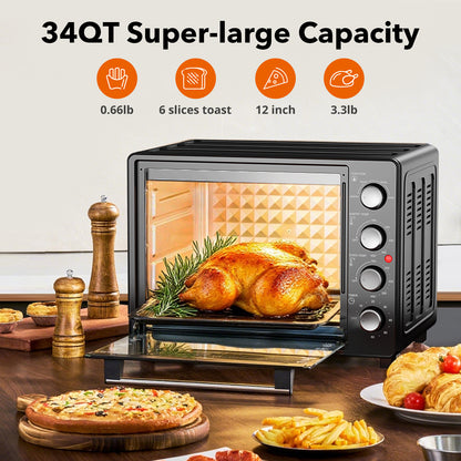 34 QT Super-Large Air Fryer, Oil-Less Air Fryer Toaster Oven Combo with Pizza, Warm, Broil, Toast, Bake, Air Fry, 5 Functions - Black