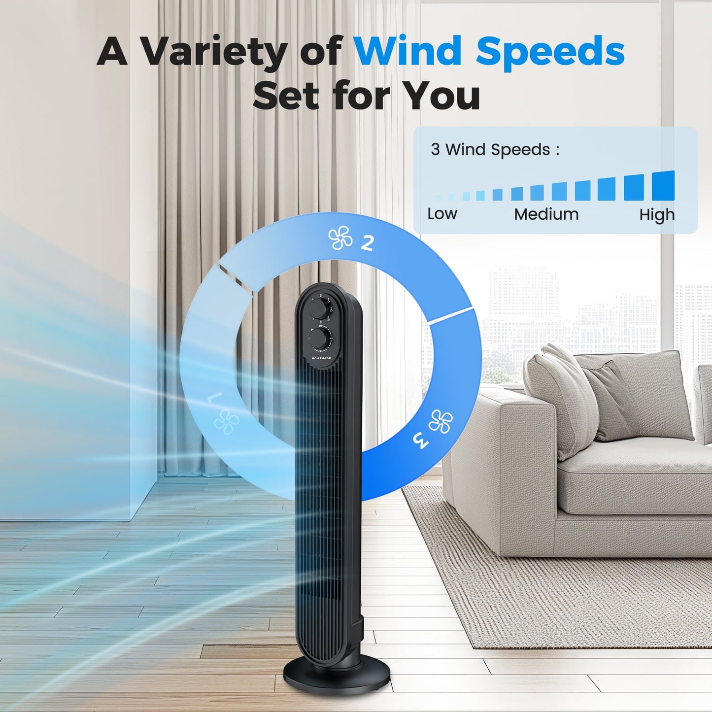 Tower Fan,31" Oscillating Standing Fan for Home,HOMSHADE Floor Fan with 360° Dual Knob Control ,3 Speed,Timer Bladeless Fan for Bedroom Office,Black