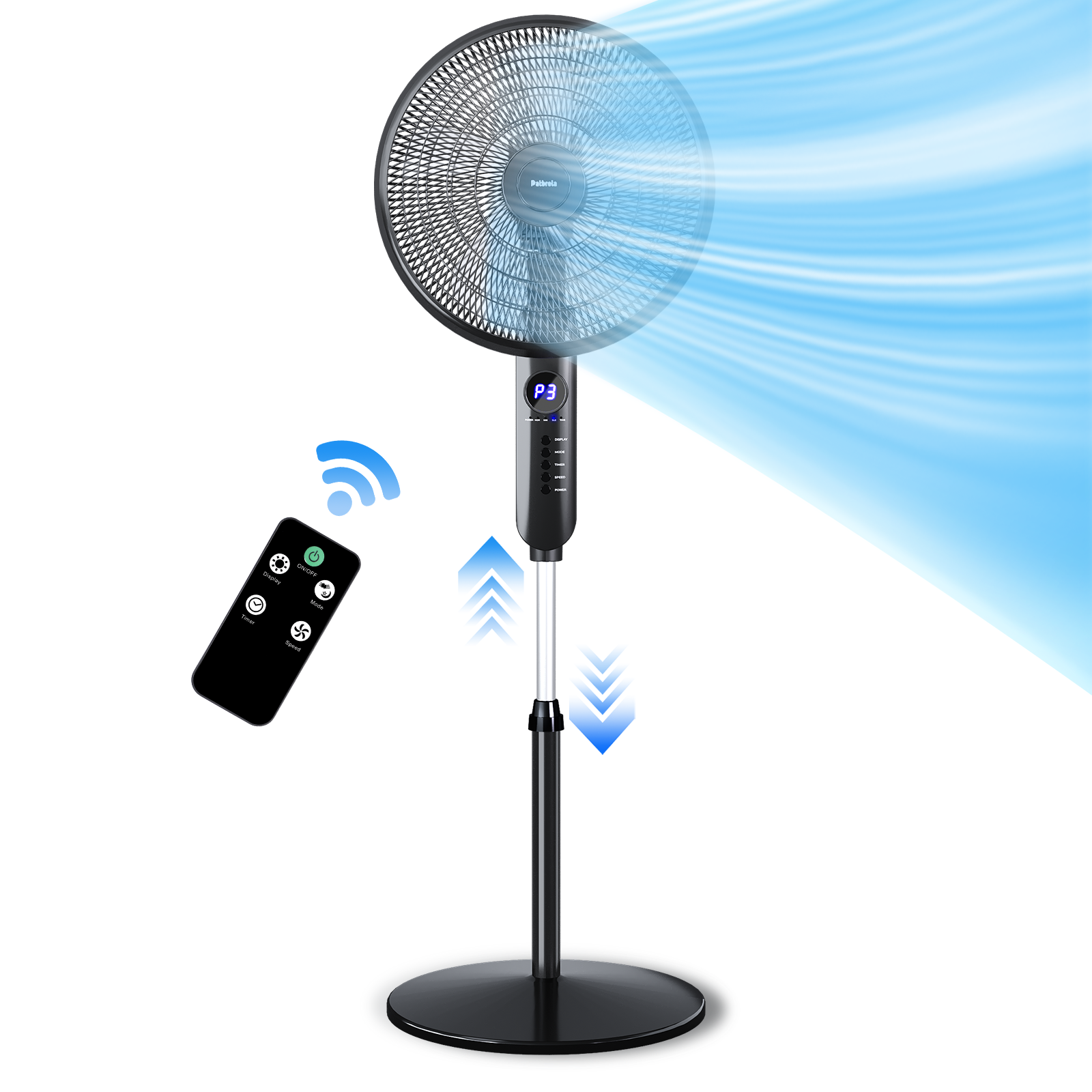 Patbrela 16" Adjustable Oscillating Pedestal Fan with Remote, 3-Speed, 3-Modes, Less Noise Cooling Fan for Home Office Room Bedroom, Black