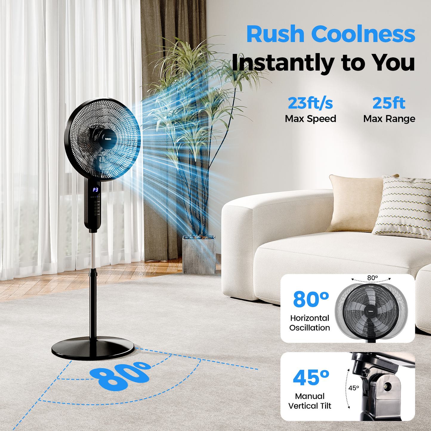 Patbrela 16" Adjustable Oscillating Pedestal Fan with Remote, 3-Speed, 3-Modes, Less Noise Cooling Fan for Home Office Room Bedroom, Black
