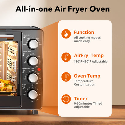 34 QT Super-Large Air Fryer, Oil-Less Air Fryer Toaster Oven Combo with Pizza, Warm, Broil, Toast, Bake, Air Fry, 5 Functions - Black