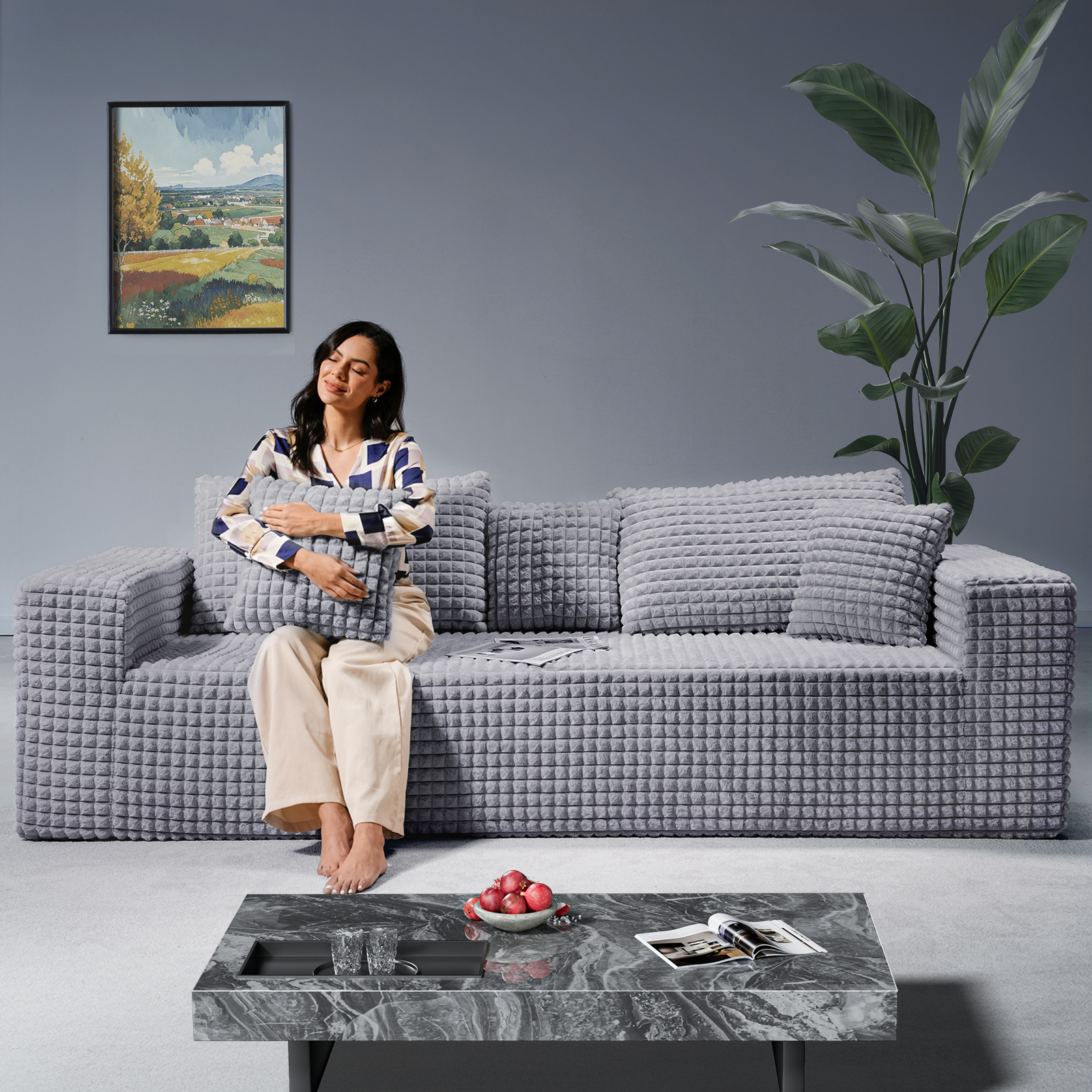 Sectional Sofa with Ottoman, Small L Shaped Free Combination Corduroy Couch Furniture Sets for Living Room