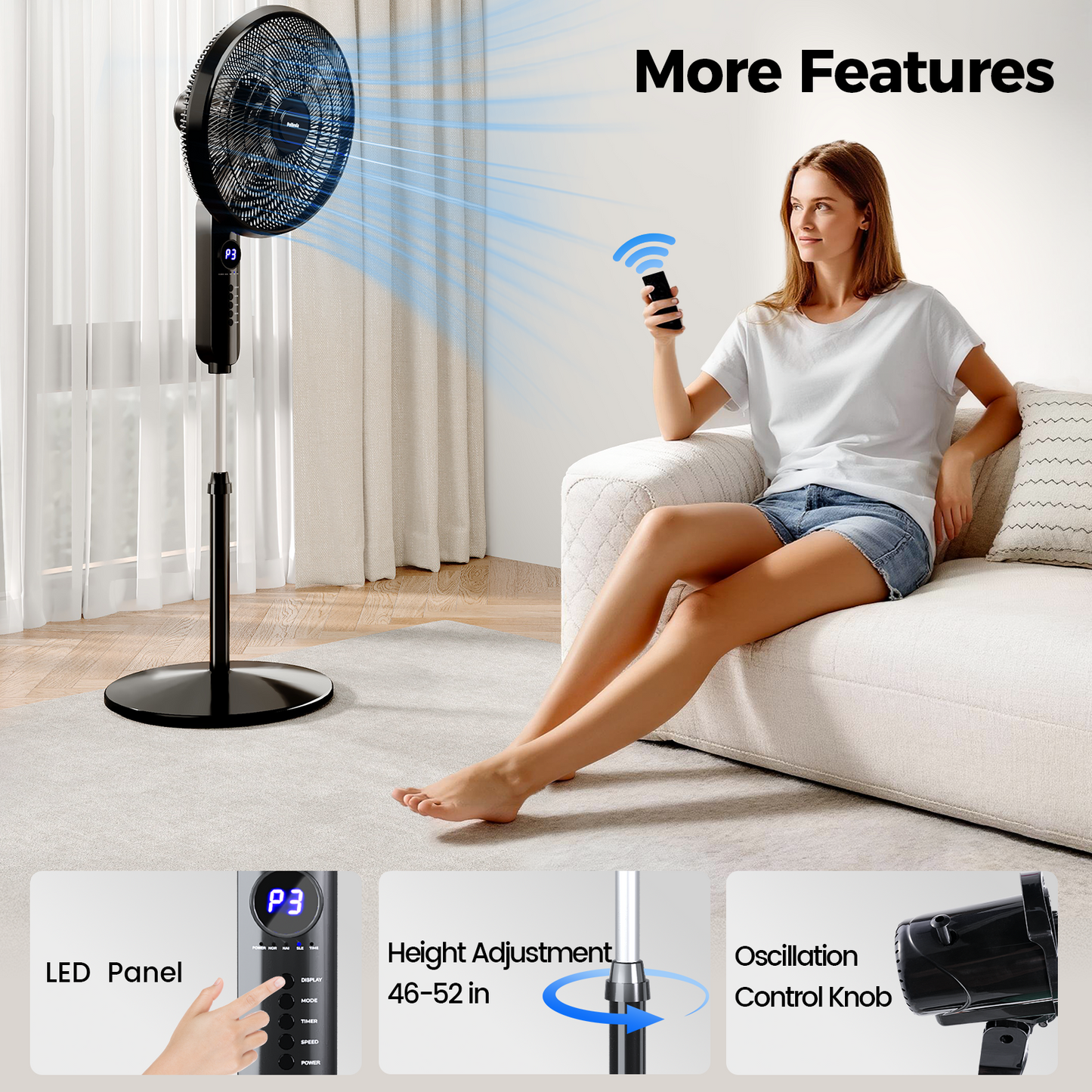 Patbrela 16" Adjustable Oscillating Pedestal Fan with Remote, 3-Speed, 3-Modes, Less Noise Cooling Fan for Home Office Room Bedroom, Black