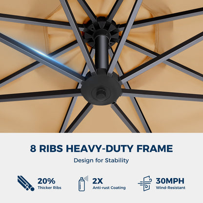 10ft Patio Umbrellas Offset，Outdoor Umbrella Cantilever Hanging Umbrellas with Infinite Tilt,Fade Resistant Waterproof Fabric & Base,for Yard,Garden,Home,Pool & Deck,Beige