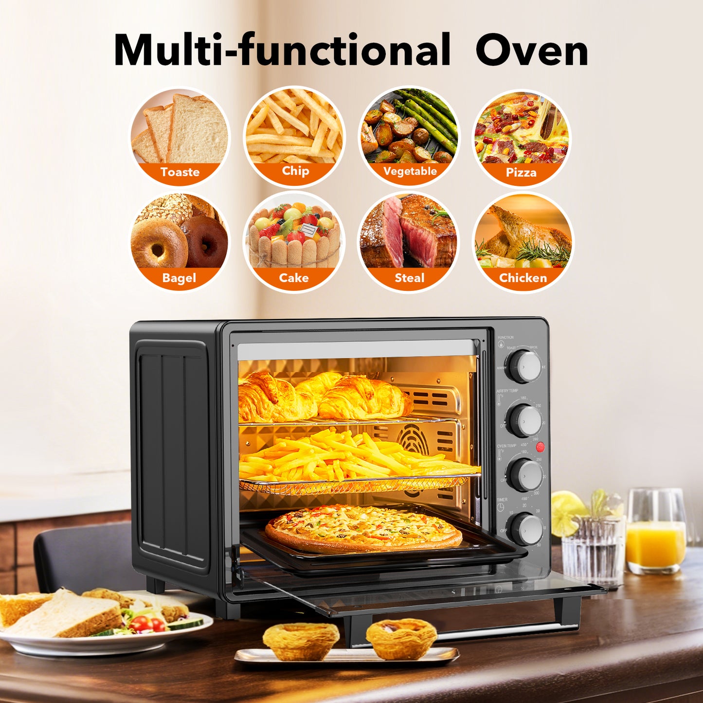 34 QT Super-Large Air Fryer, Oil-Less Air Fryer Toaster Oven Combo with Pizza, Warm, Broil, Toast, Bake, Air Fry, 5 Functions - Black
