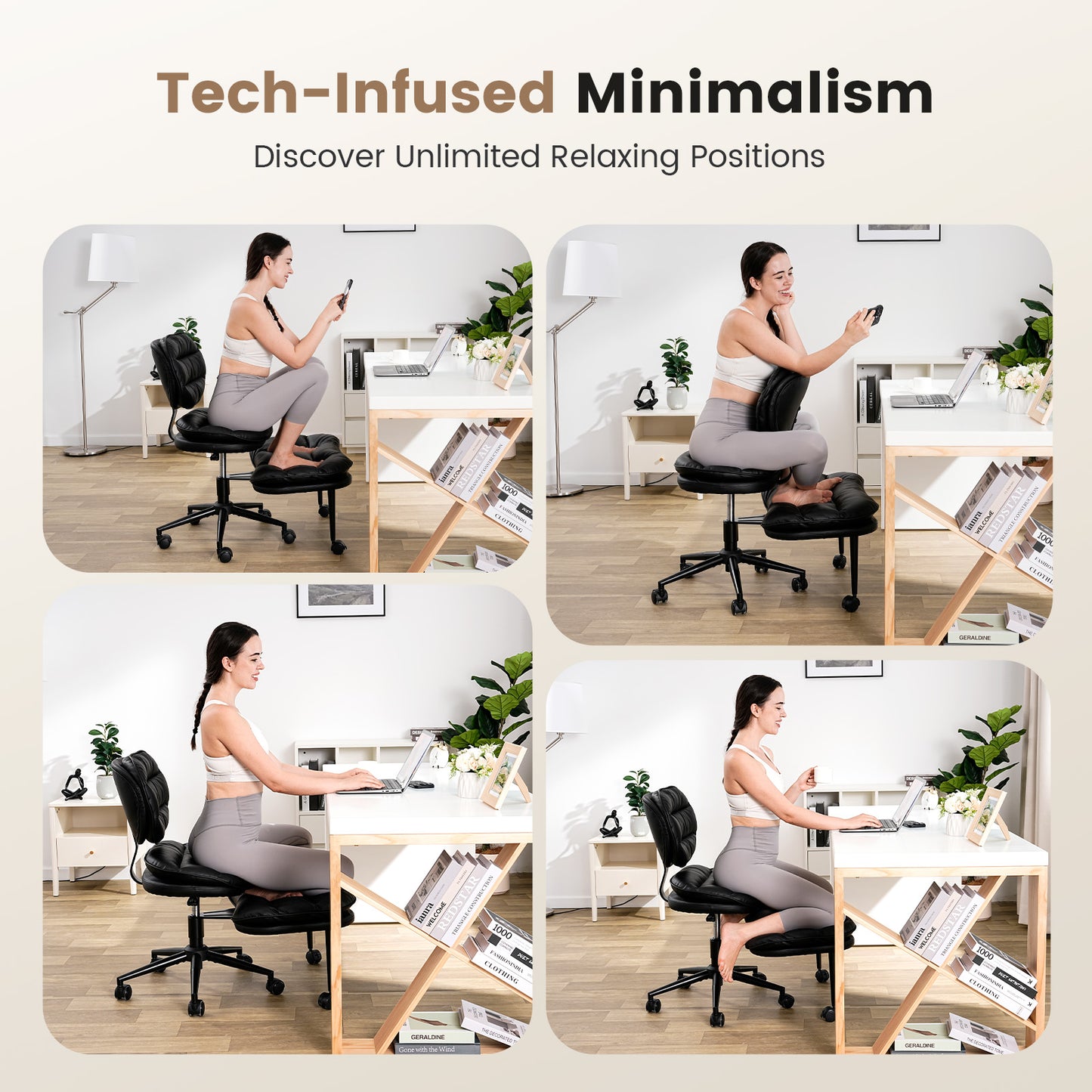 Upgraded Ergonomic Cross Legged Swivel Chair, Adjustable Height and PU Leather, Meditation Chair with Wheels, Wide Kneeling Chair with Back Support, Home and Office