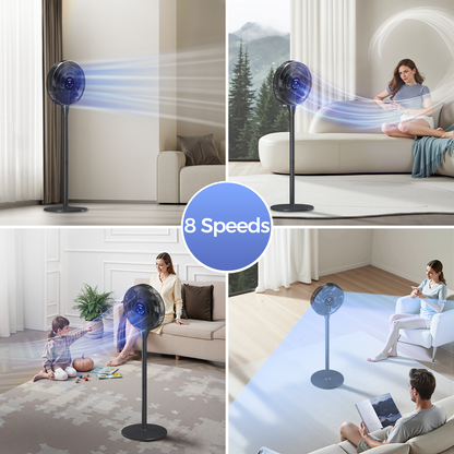 Patbrela Oscillating DC Pedestal Fan, 8 Speeds， 3 Modes,12H Timer ，80° Oscillating Quiet Standing Floor Fan with Remote, 45-51 inch Adjustable Height