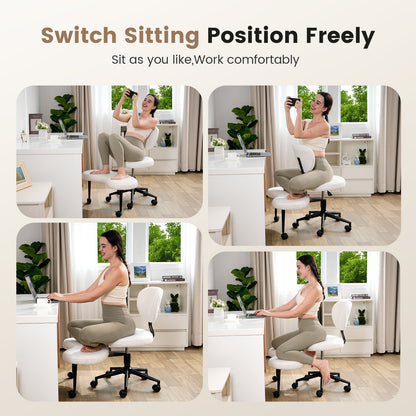 Ergonomic Cross Legged Chair, Adjustable Height and 360° Swivel Meditation Chair ,Teddy Fabric with Lumbar Support, Home and Office,Off White