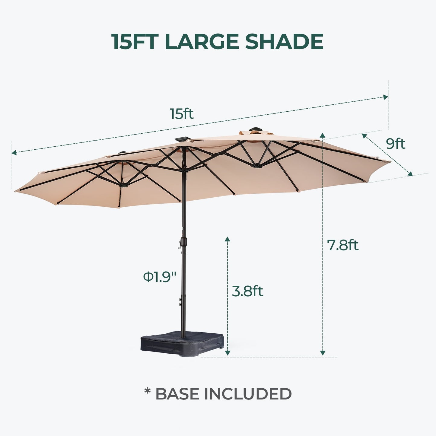 15ft Patio Umbrella with Light and Base Included, Double Sided Outdoor Large Rectangular Patio Umbrella with Crank Handle, for Lawn Garden,Home,Outdoor Activities