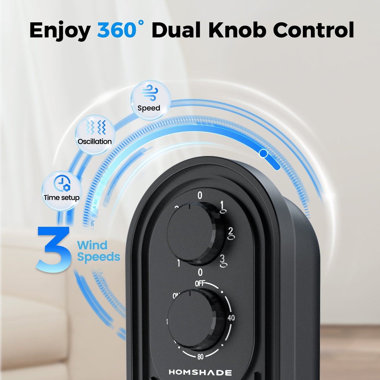 Tower Fan,31" Oscillating Standing Fan for Home,HOMSHADE Floor Fan with 360° Dual Knob Control ,3 Speed,Timer Bladeless Fan for Bedroom Office,Black