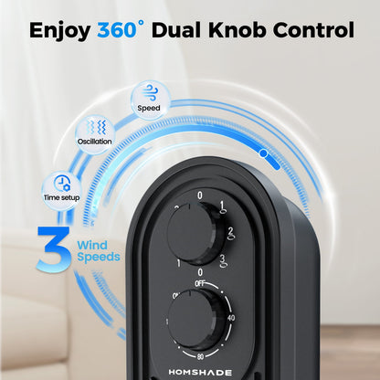 Tower Fan,31" Oscillating Standing Fan for Home,HOMSHADE Floor Fan with 360° Dual Knob Control ,3 Speed,Timer Bladeless Fan for Bedroom Office,Black