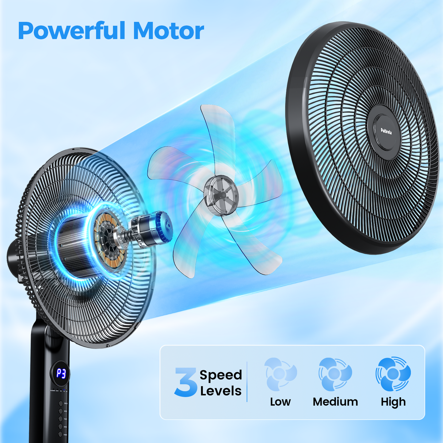 Patbrela 16" Adjustable Oscillating Pedestal Fan with Remote, 3-Speed, 3-Modes, Less Noise Cooling Fan for Home Office Room Bedroom, Black