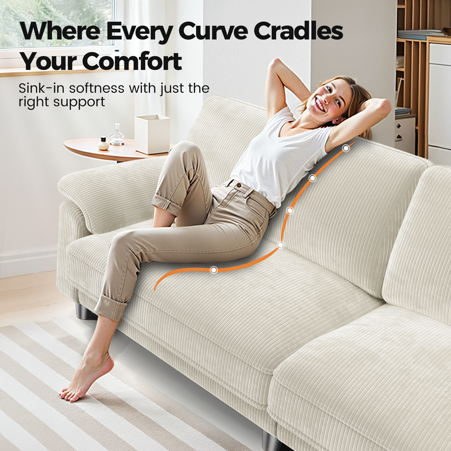 83" Corduroy Sofa,Loveseat Sofa with Extra Deep Seat Couches ,Comfy Upholstered Couch for Living Room,Tool-Free Setup with 2 Pillows,Beige