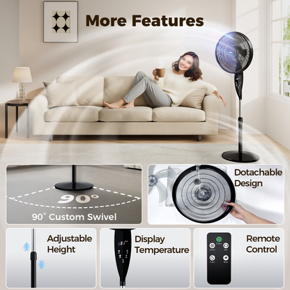 18" Oscillating Pedestal Fan, 3-Speeds Stand up Fan with Adjustable Height and Tilt,Less Noise Cooling Fan for Home Office Room Bedroom, Black