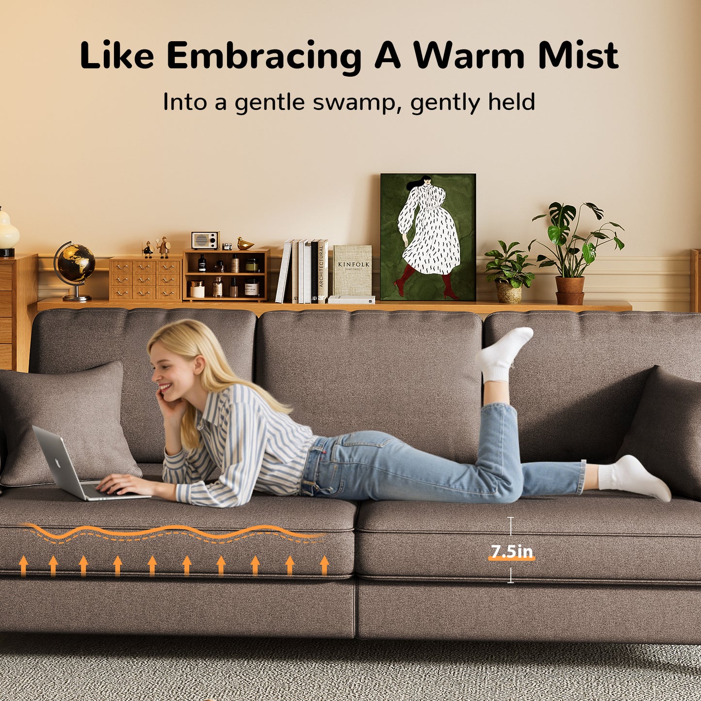 87" Sofa Couch,Soft Linen Loveseat for Living Room with Round Arms,Extra Deep Seat 2-Person Couch with 2 Pillows,Tool-Free Setup Modern Sofa,Coffee