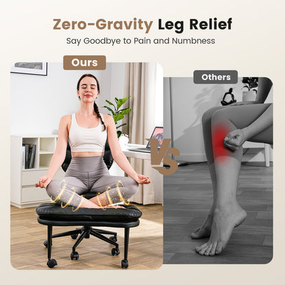 Upgraded Ergonomic Cross Legged Swivel Chair, Adjustable Height and PU Leather, Meditation Chair with Wheels, Wide Kneeling Chair with Back Support, Home and Office