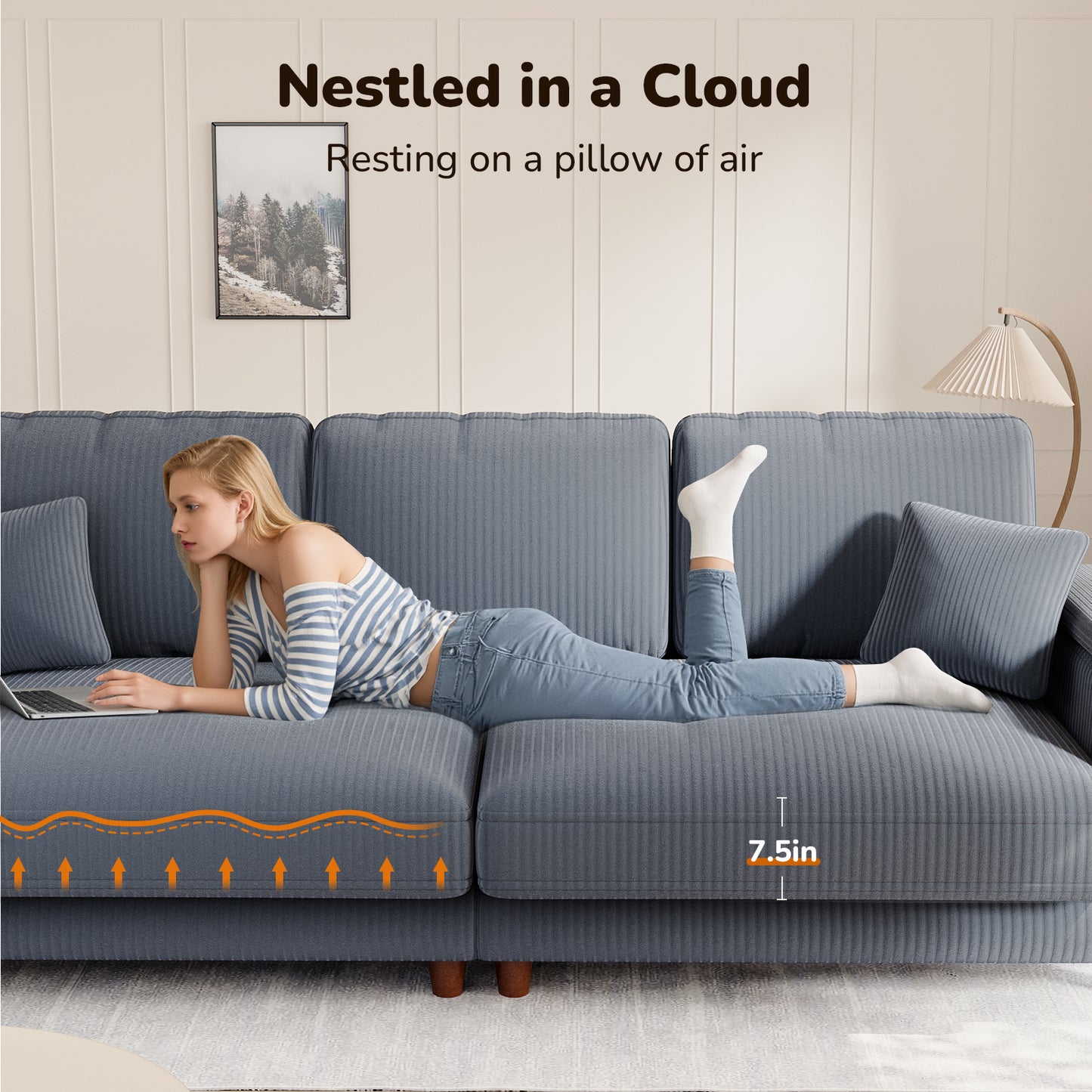 101" Corduroy Sofa,24" Extra Deep Seat Couch with Wide Storage Armchair,Comfy Upholstered Oversized Loveseat with Cup Holder,2 Pillows,Gray