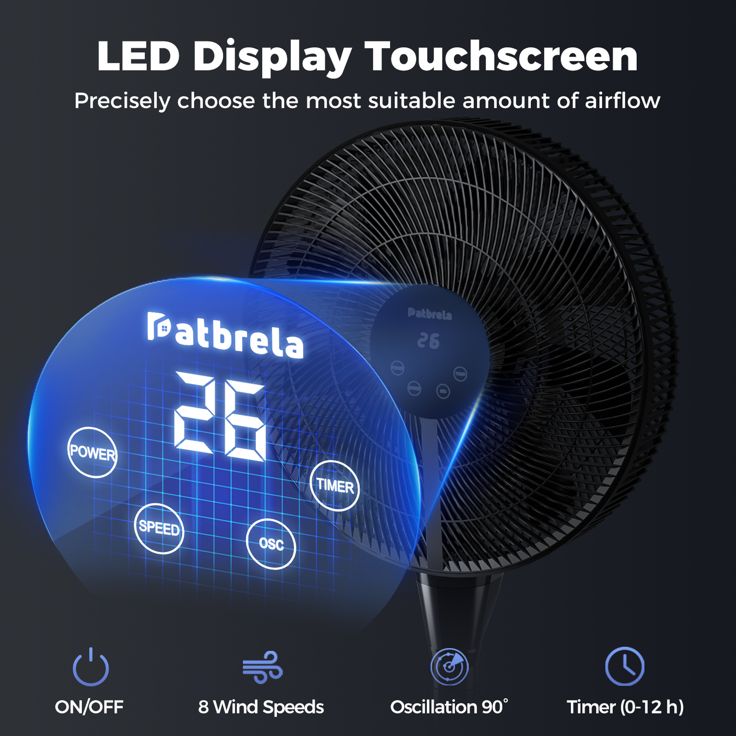 Patbrela Oscillating DC Pedestal Fan, 8 Speeds， 3 Modes,12H Timer ，80° Oscillating Quiet Standing Floor Fan with Remote, 45-51 inch Adjustable Height