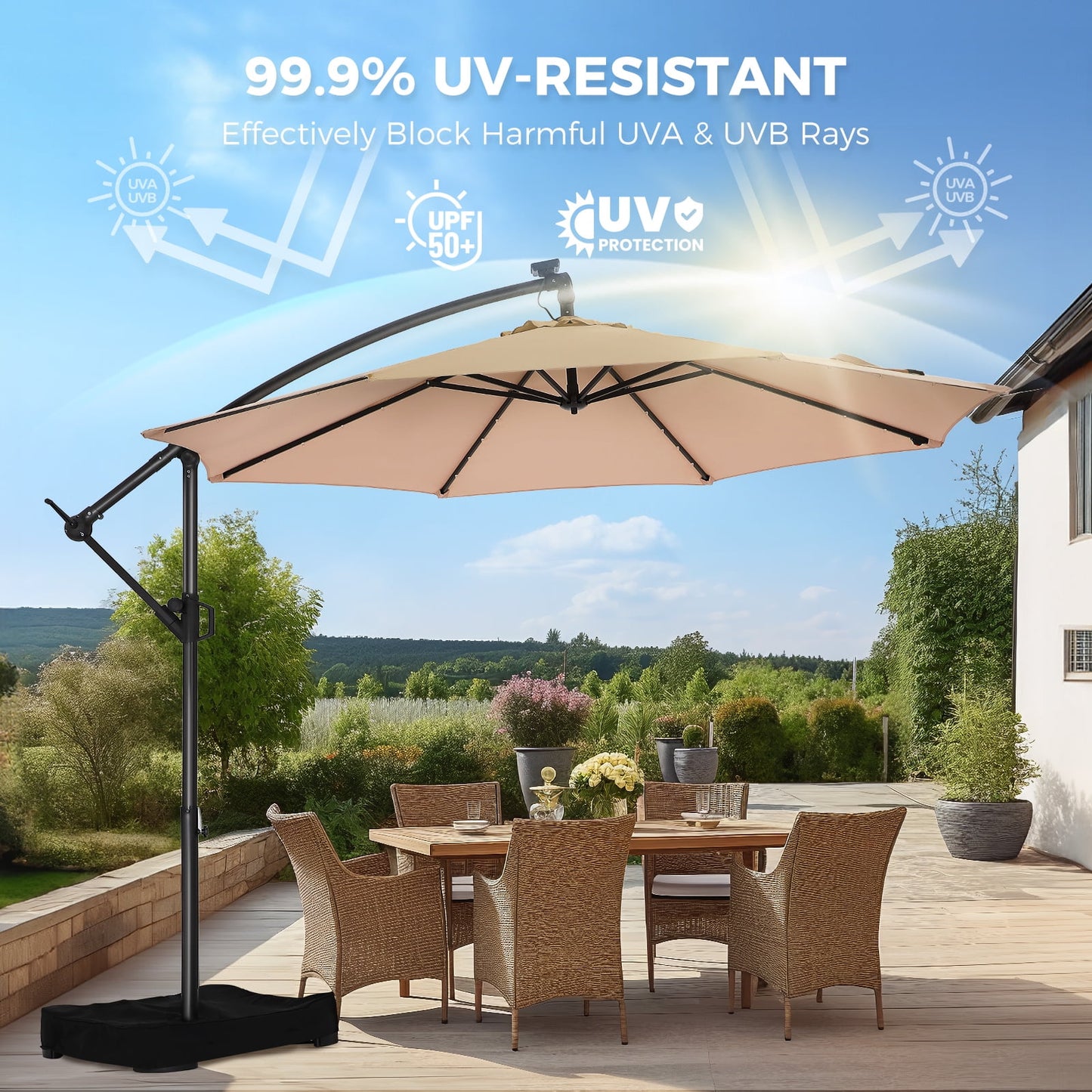 10ft Patio Umbrellas Offset，Outdoor Umbrella Cantilever Hanging Umbrellas with Infinite Tilt,Fade Resistant Waterproof Fabric & Base,for Yard,Garden,Home,Pool & Deck,Beige