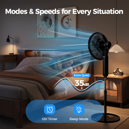 Patbrela 16" Adjustable Oscillating Pedestal Fan with Remote, 3-Speed, 3-Modes, Less Noise Cooling Fan for Home Office Room Bedroom, Black