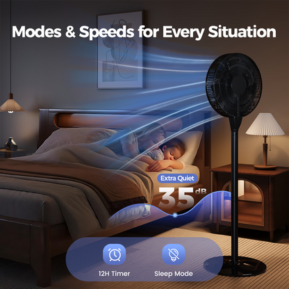 Patbrela Oscillating DC Pedestal Fan, 8 Speeds， 3 Modes,12H Timer ，80° Oscillating Quiet Standing Floor Fan with Remote, 45-51 inch Adjustable Height