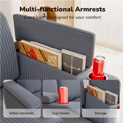 101" Corduroy Sofa,24" Extra Deep Seat Couch with Wide Storage Armchair,Comfy Upholstered Oversized Loveseat with Cup Holder,2 Pillows,Gray