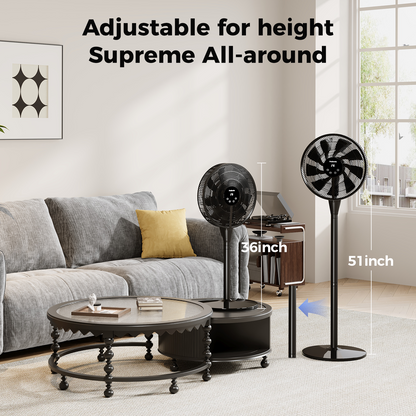Patbrela Oscillating DC Pedestal Fan, 8 Speeds， 3 Modes,12H Timer ，80° Oscillating Quiet Standing Floor Fan with Remote, 45-51 inch Adjustable Height