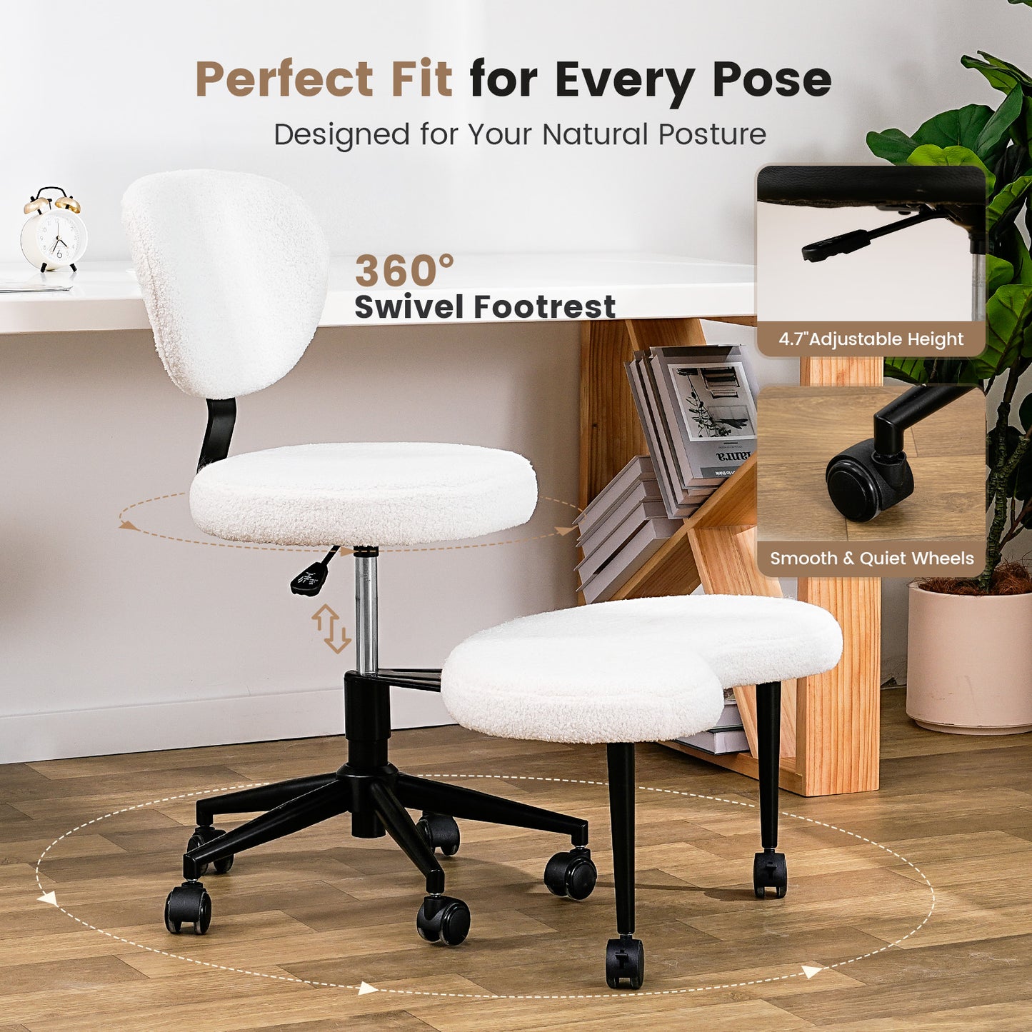 Ergonomic Cross Legged Chair, Adjustable Height and 360° Swivel Meditation Chair ,Teddy Fabric with Lumbar Support, Home and Office,Off White