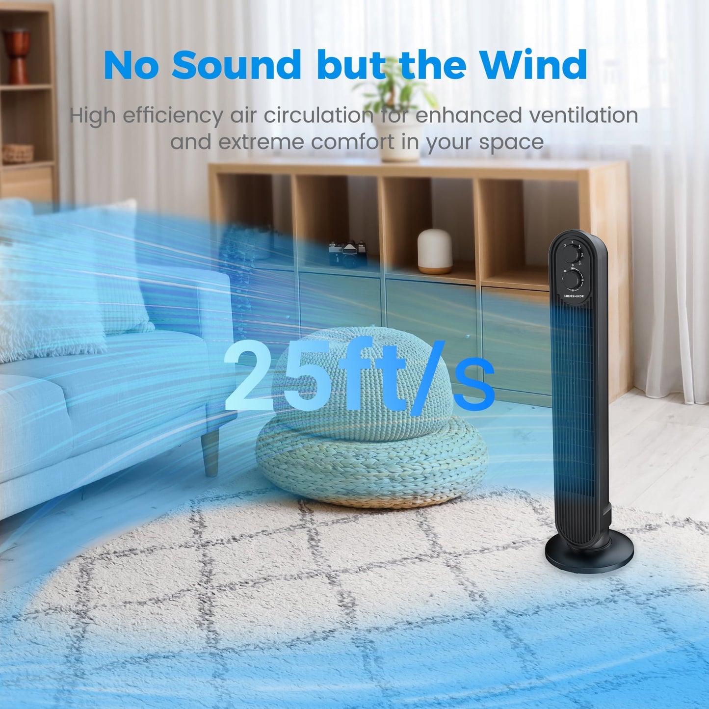 Tower Fan,31" Oscillating Standing Fan for Home,HOMSHADE Floor Fan with 360° Dual Knob Control ,3 Speed,Timer Bladeless Fan for Bedroom Office,Black