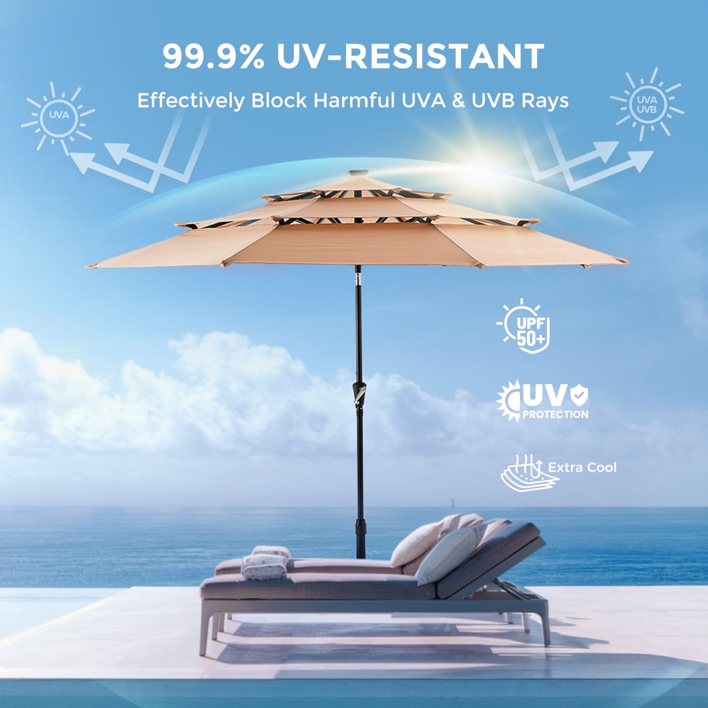9ft three-layer patio umbrella with light beads, unique design shows high-end quality.