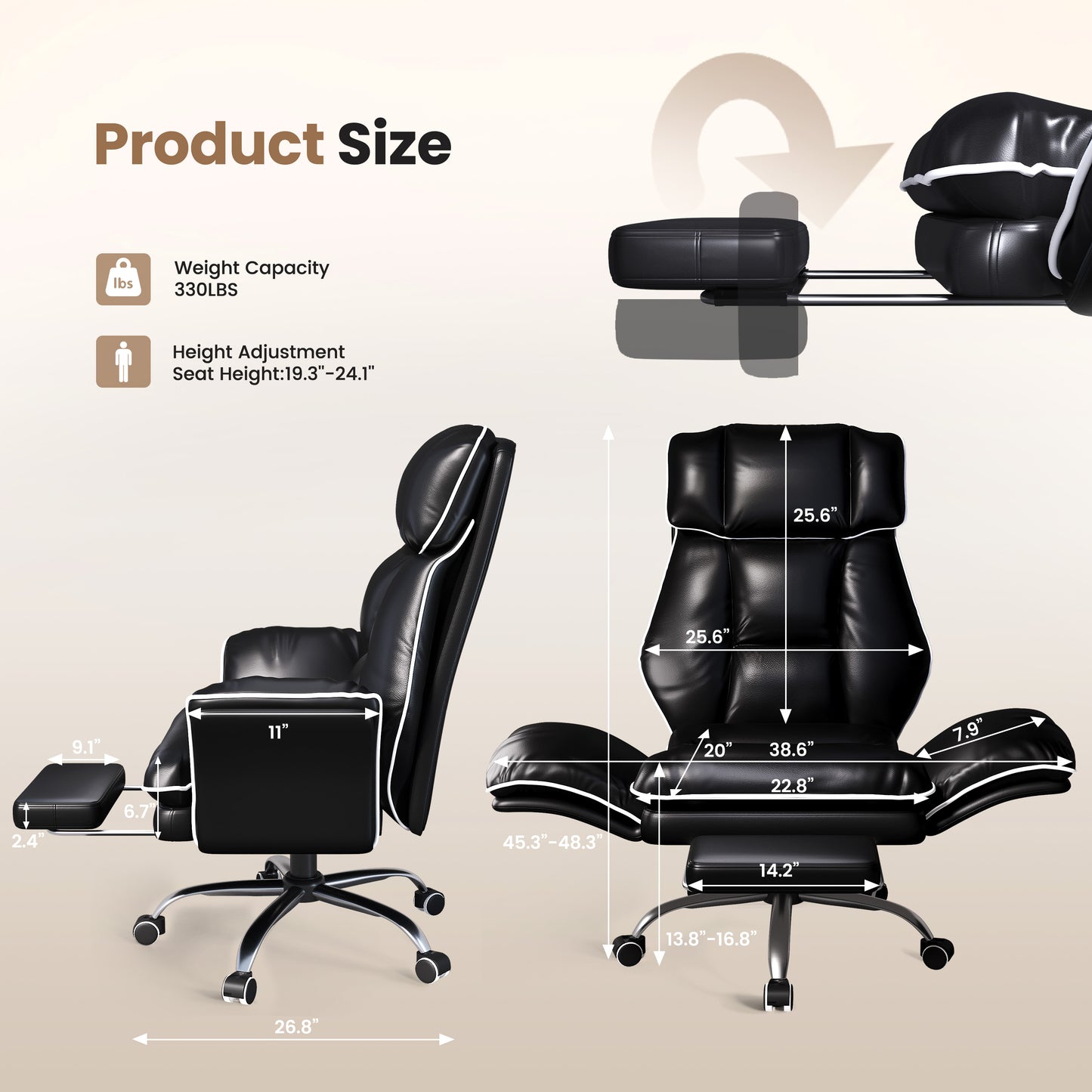 Big and Tall Office Chair, PU Swivel Flip Chair Extended Headrest,Armrests for Pets & Cross Legged Sitting, Executive Ergonomic Computer Gaming Chair with Foot Rest, Reclining Desk Chair