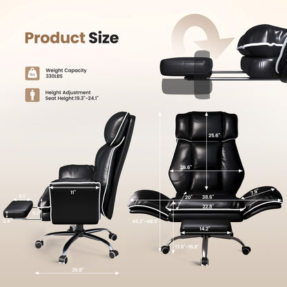 Big and Tall Office Chair, PU Swivel Flip Chair Extended Headrest,Armrests for Pets & Cross Legged Sitting, Executive Ergonomic Computer Gaming Chair with Foot Rest, Reclining Desk Chair