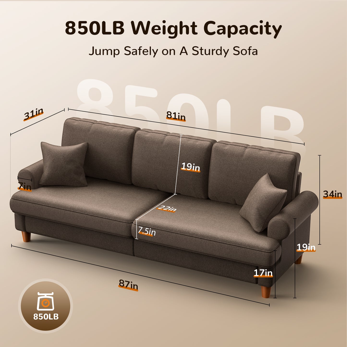 87" Sofa Couch,Soft Linen Loveseat for Living Room with Round Arms,Extra Deep Seat 2-Person Couch with 2 Pillows,Tool-Free Setup Modern Sofa,Coffee