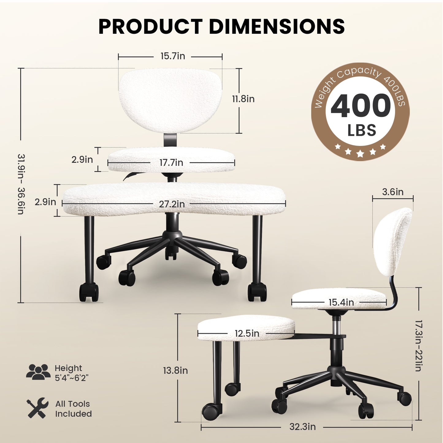 Ergonomic Cross Legged Chair, Adjustable Height and 360° Swivel Meditation Chair ,Teddy Fabric with Lumbar Support, Home and Office,Off White