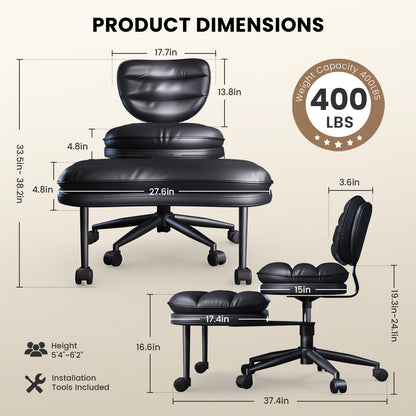 Upgraded Ergonomic Cross Legged Swivel Chair, Adjustable Height and PU Leather, Meditation Chair with Wheels, Wide Kneeling Chair with Back Support, Home and Office