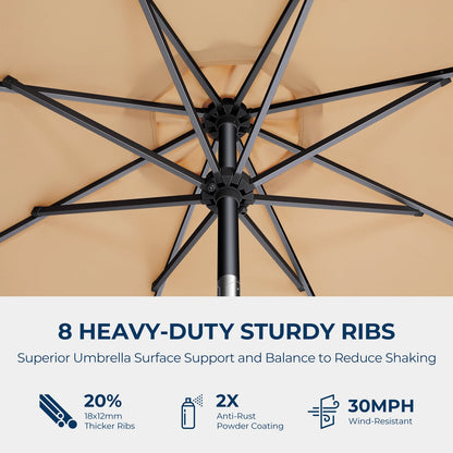 9FT Outdoor Solar LED Lighted Patio Umbrella with 8 LED Strip Lights & 8 Ribs, Convenient Crank Lift System,for Gargen,Yard,Home,Pool