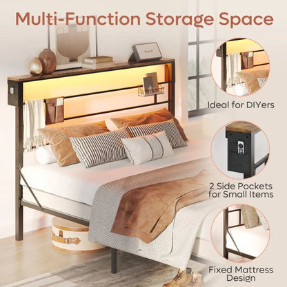 Queen Size Bed Frame with 49.2" High LED Storage Headboard Shelf, Metal Platform Bed, Black