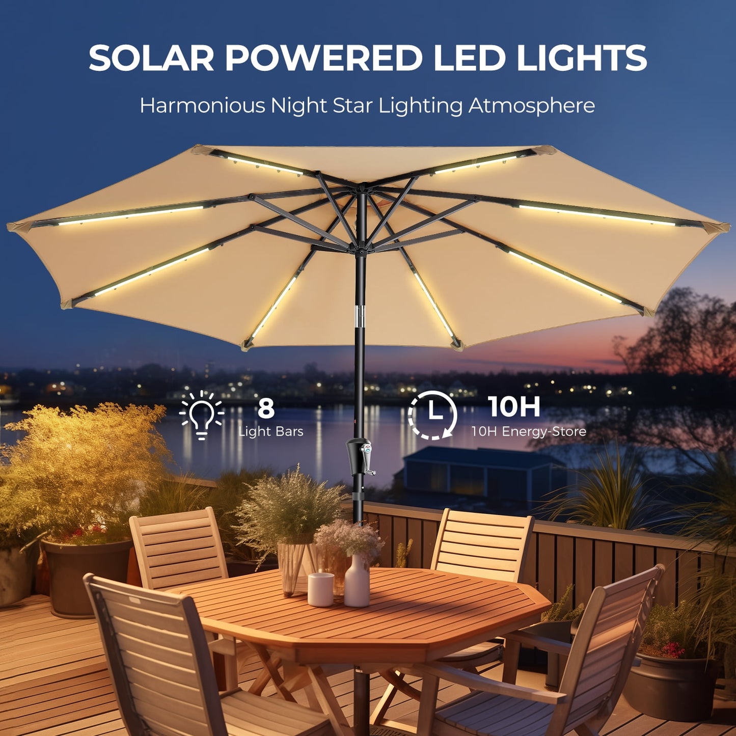 9FT Outdoor Solar LED Lighted Patio Umbrella with 8 LED Strip Lights & 8 Ribs, Convenient Crank Lift System,for Gargen,Yard,Home,Pool