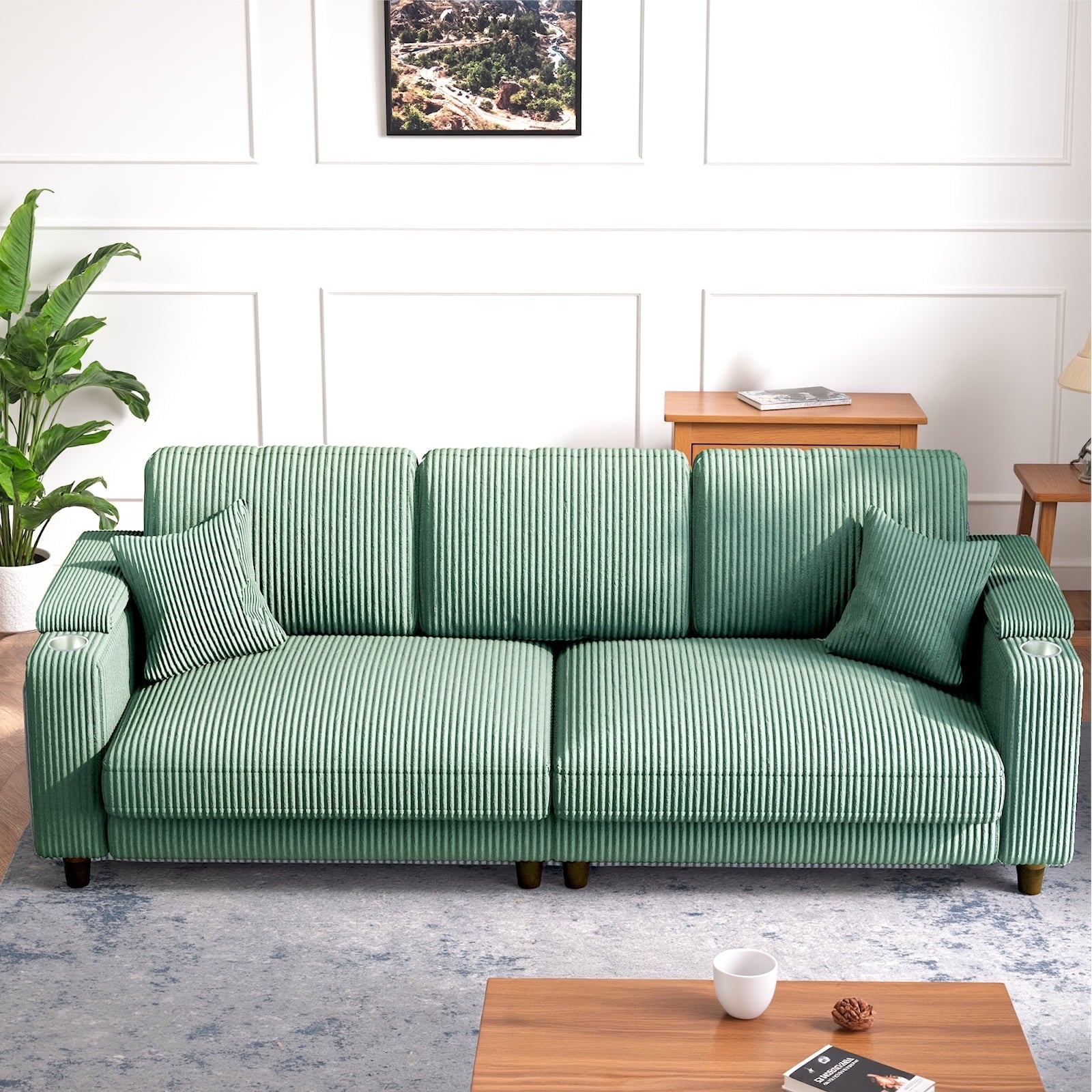 101" Corduroy Sofa,Oversized Couch with Wide Armchair with 3 Extra Deep Seats,Comfy Upholstered Couch with Cup holders and storage，2 pillows,Green