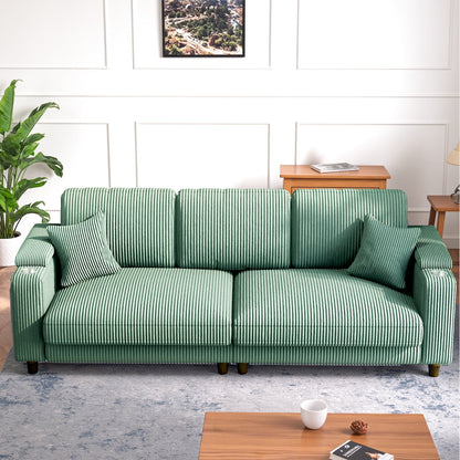101" Corduroy Sofa,Oversized Couch with Wide Armchair with 3 Extra Deep Seats,Comfy Upholstered Couch with Cup holders and storage，2 pillows,Green